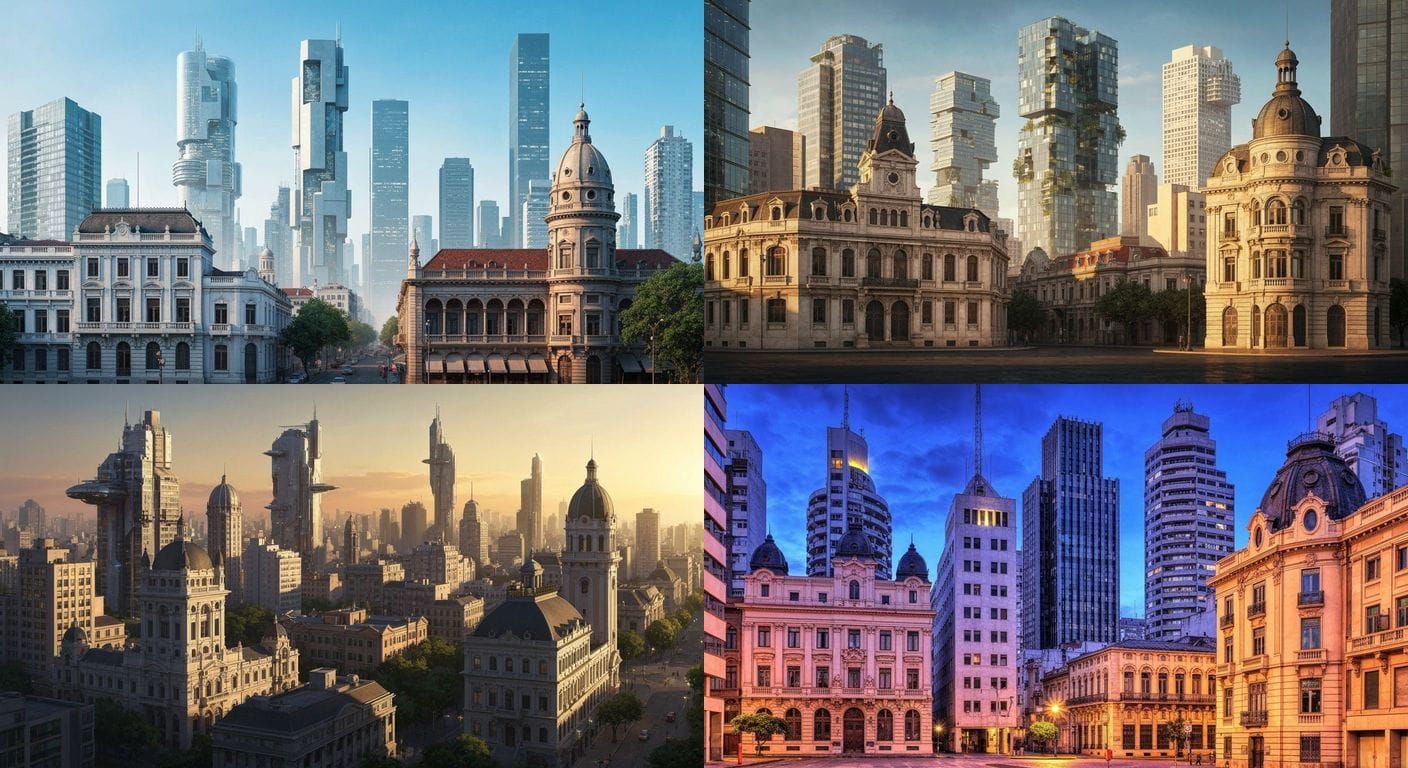 Futuristic Cityscape Blends Modern and Historic Architecture