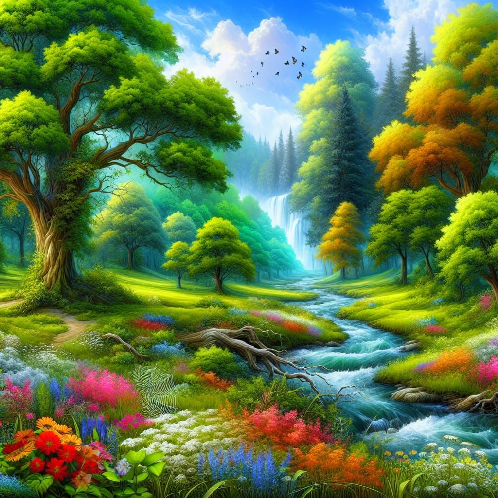 Vibrant Creek Landscape with Majestic Waterfall