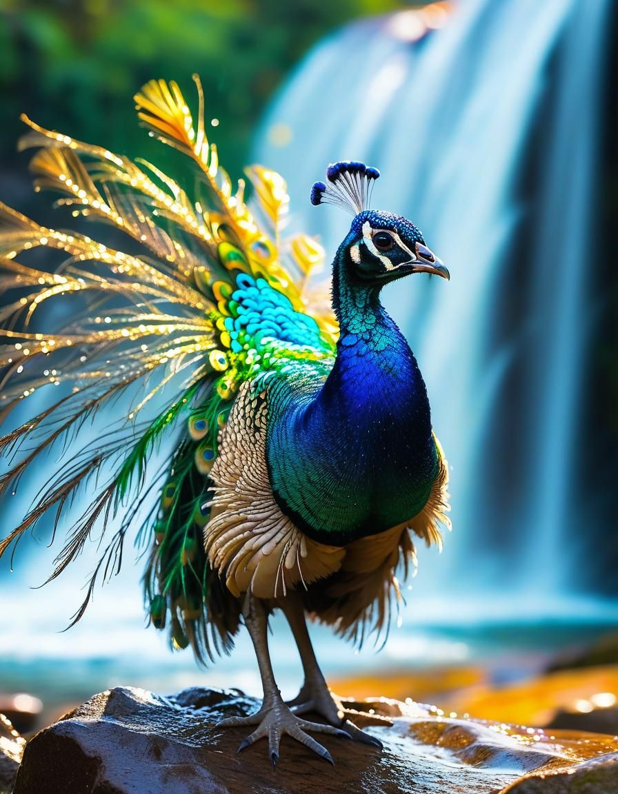 Rainbow Peacock Chick Near Waterfall: Wildlife Photography