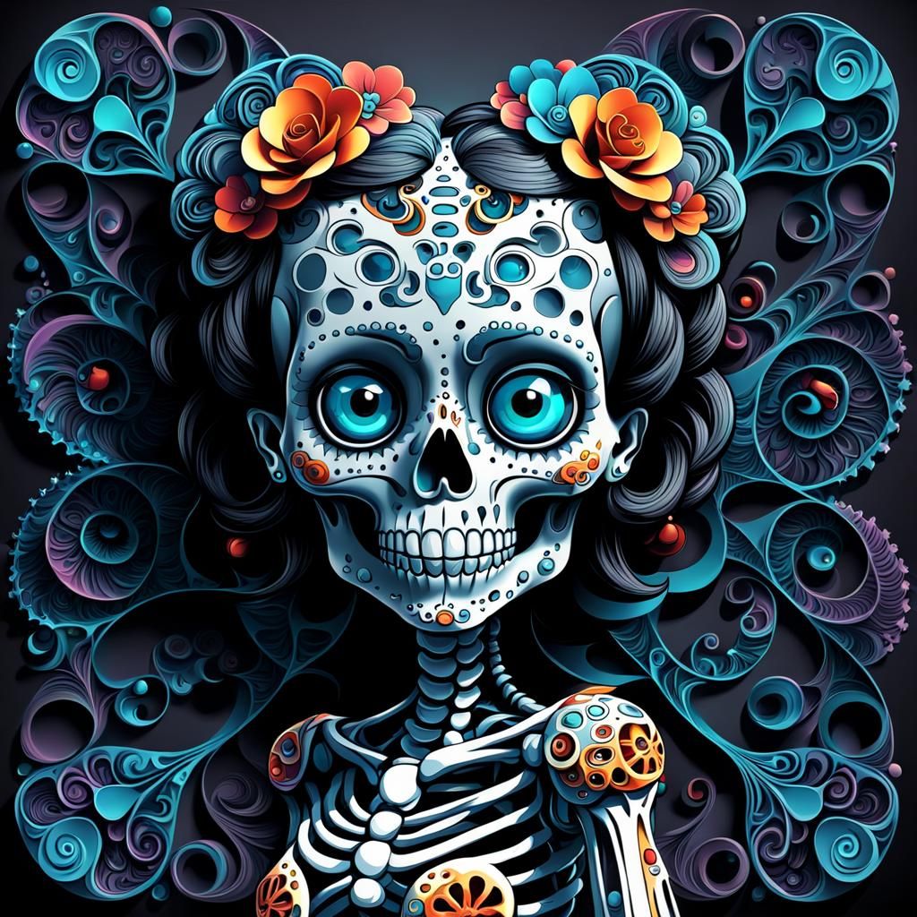 Cartoon Betty Boop Skeleton in Abstract Fractal Style