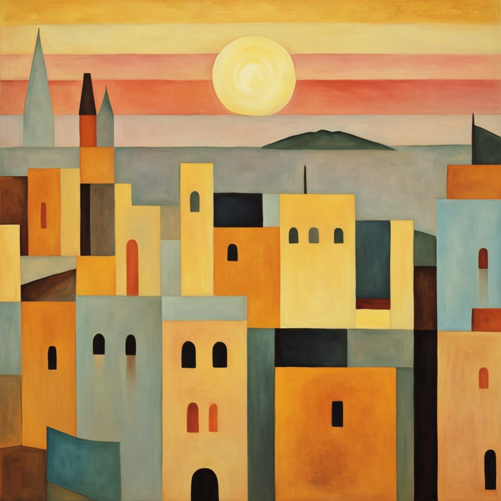 Golden Cityscape in Dreamlike Cubist Style