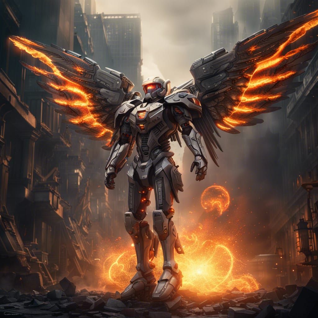 Mecha Archangel Amidst Flames and Demons