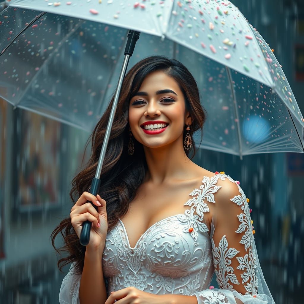 Woman Laughing in Colorful Candy Rain