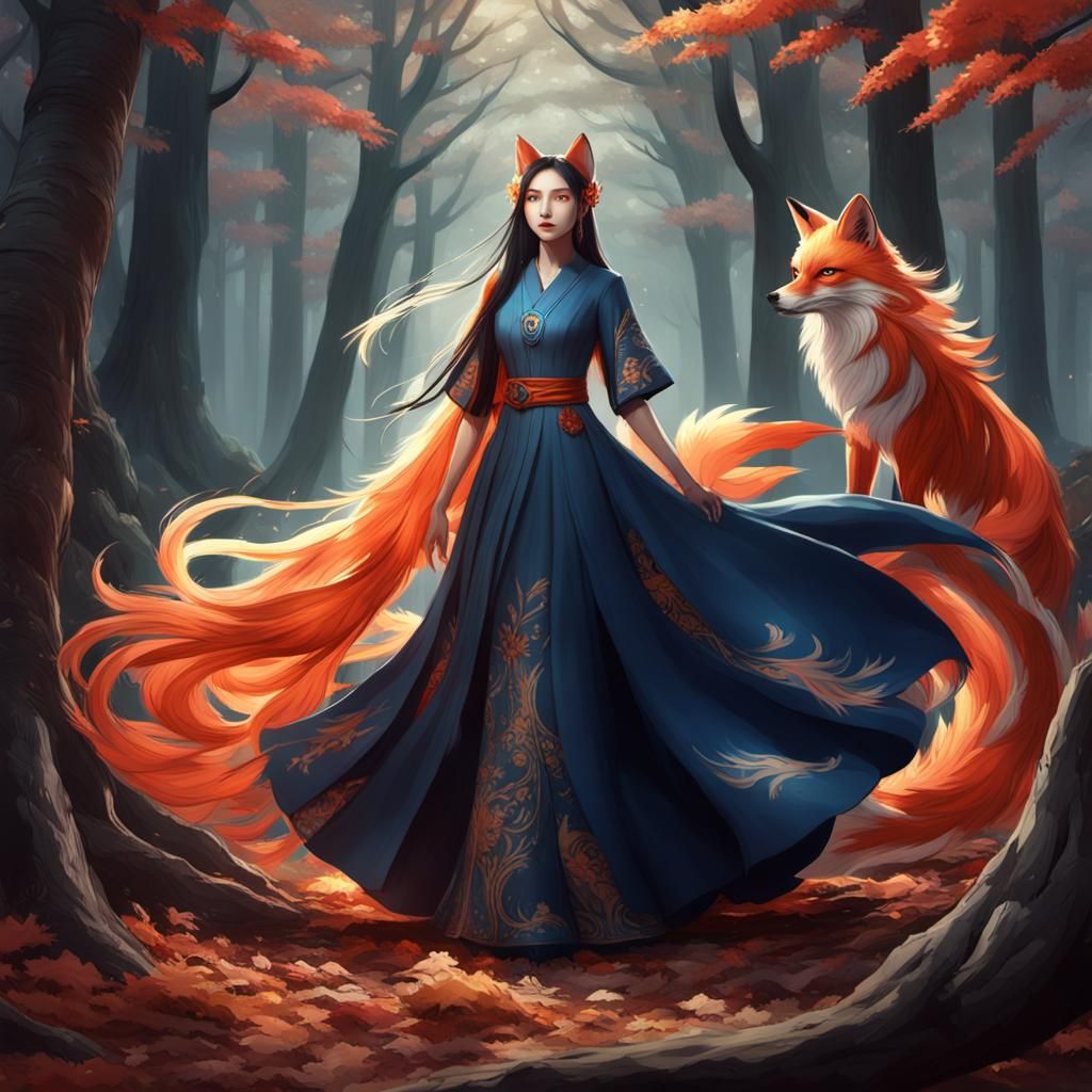 Beautiful Nine-Tailed Fox Woman in the Woods