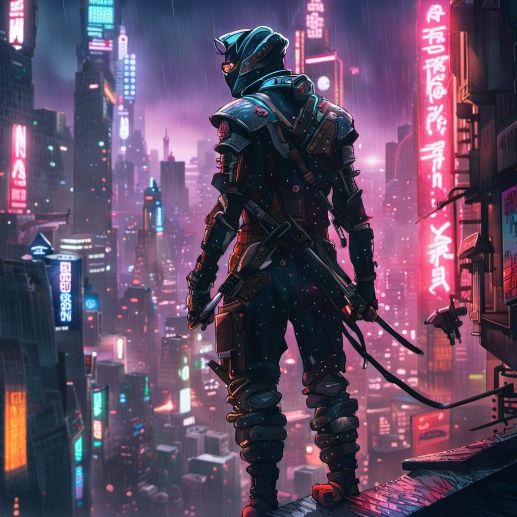 Cyberpunk Ninja Overlooking Rainy Cityscape