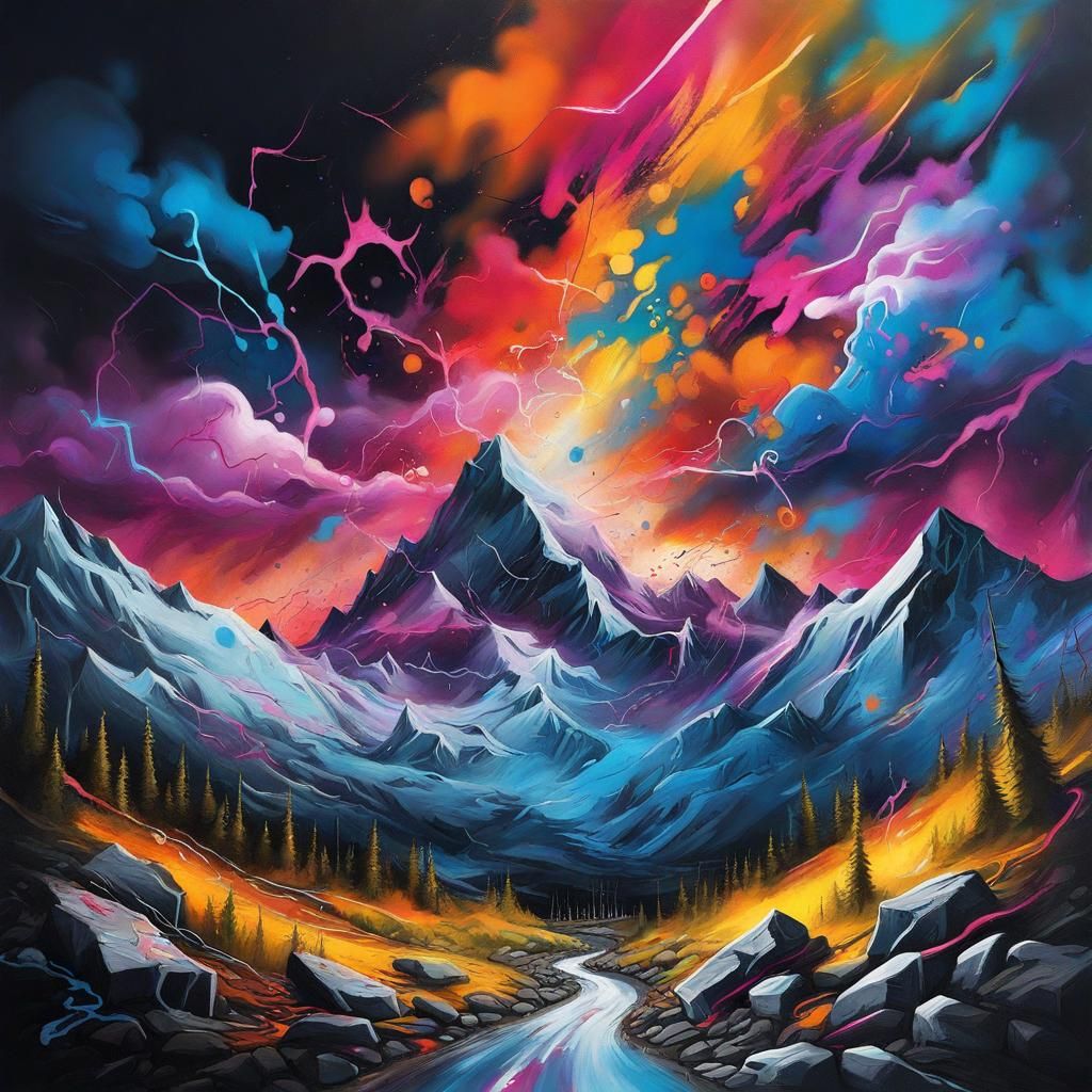 Night Mountain Storm in Graffiti Art Style
