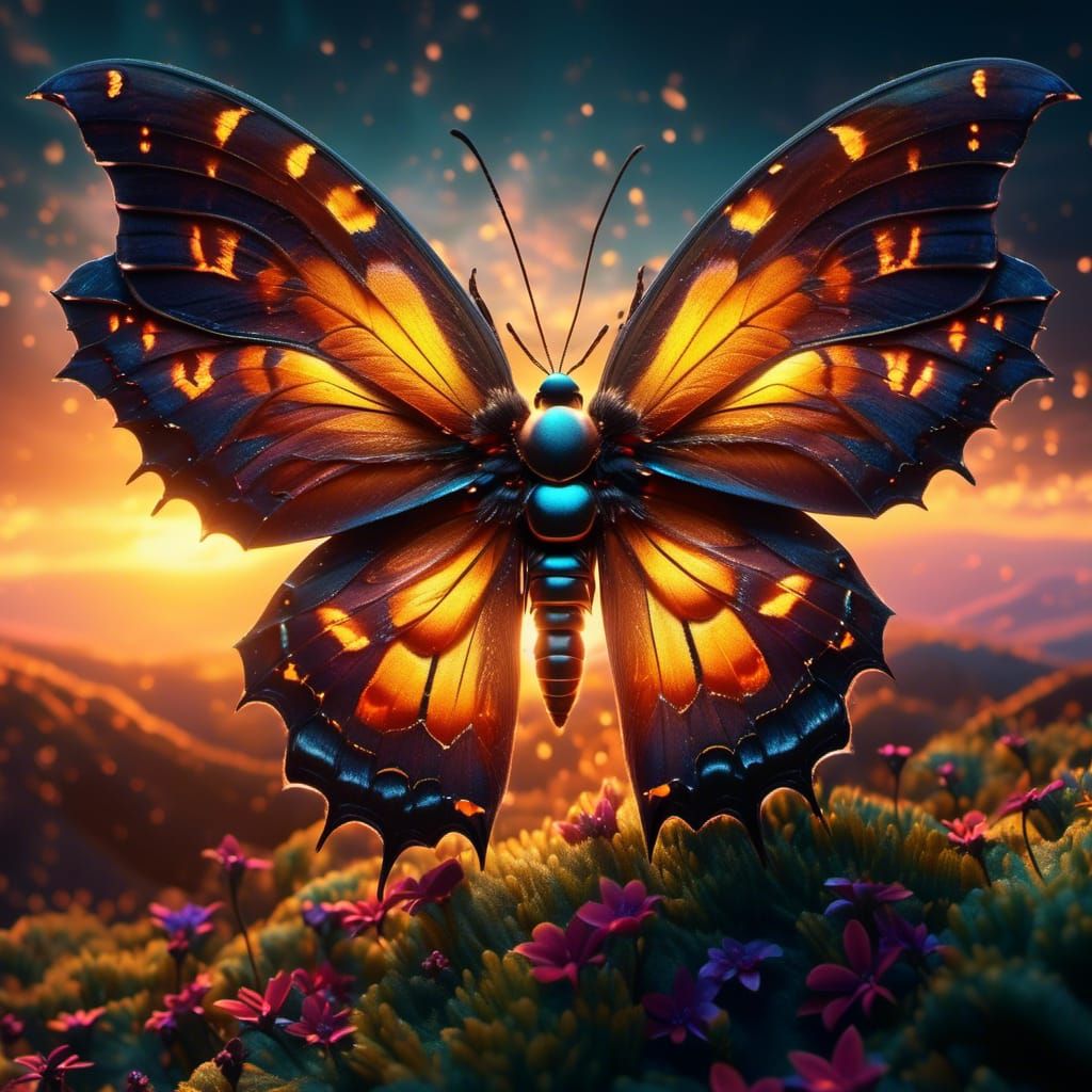 Mystical Butterfly with Sparkling Wings at Sunset