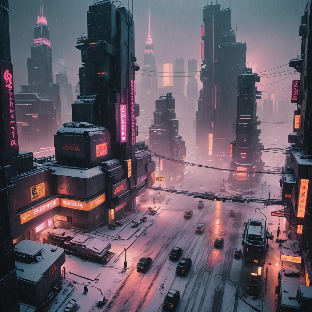Cyberpunk City Overwhelmed by Snowstorm