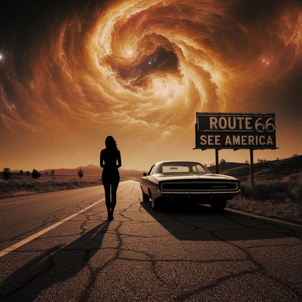 Woman on Moonlit Road Under Nebula Sky