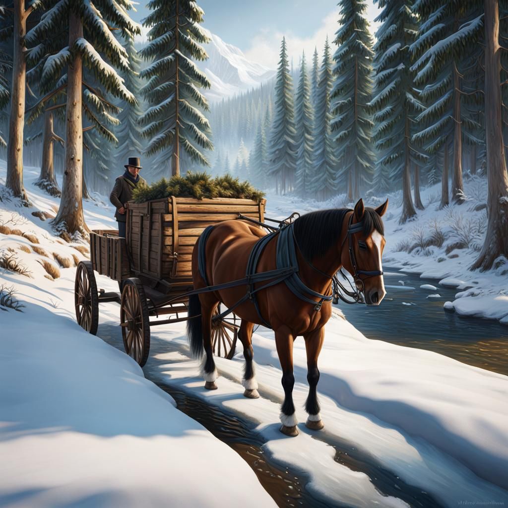 Winter Forest River Scene with Horse Cart