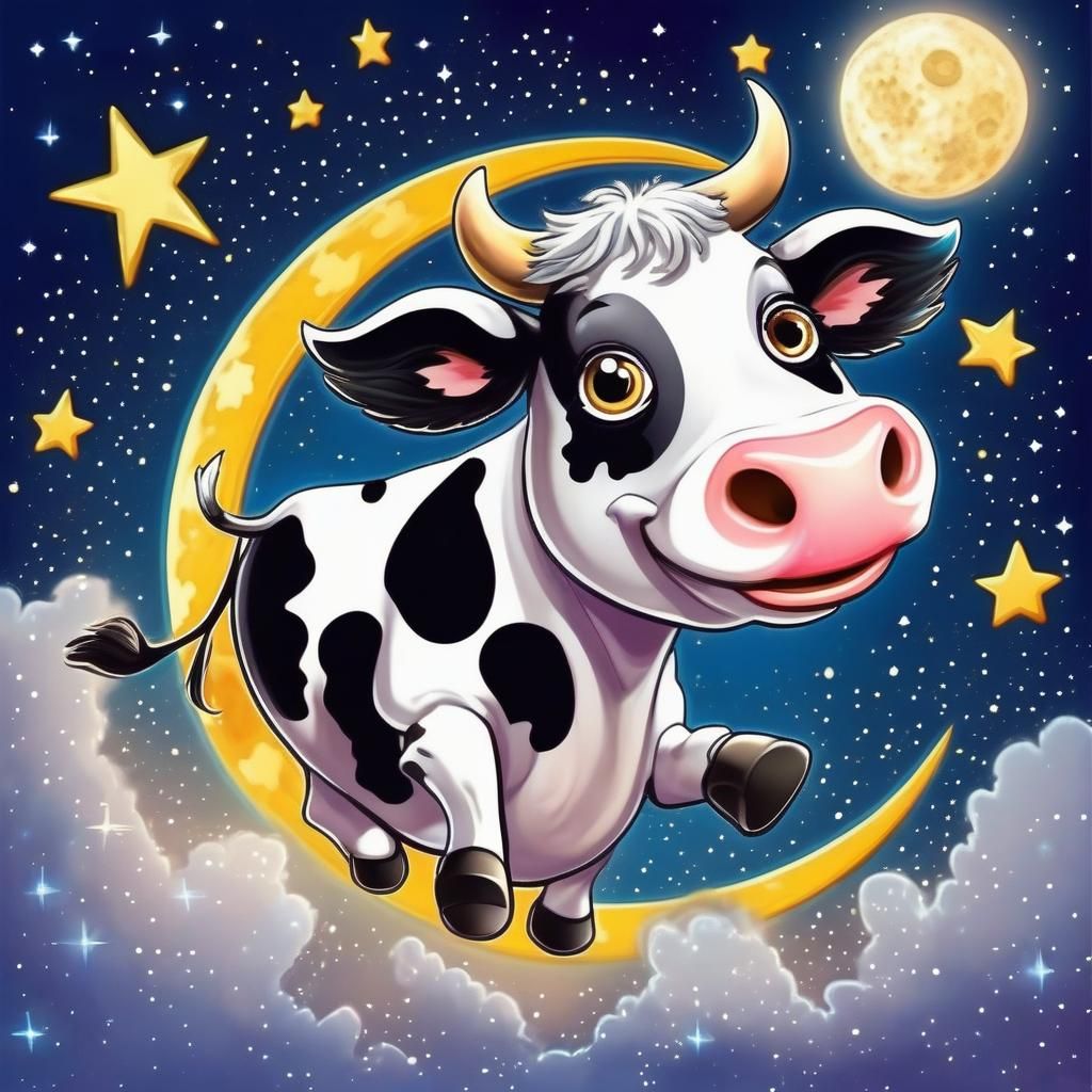 Cow Jumps Over Moon in Celestial Action Painting