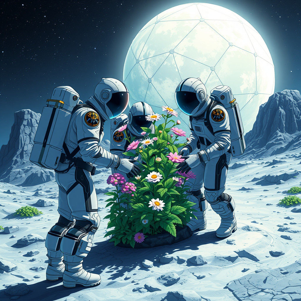 Lunar Gardeners: Anime-Style Spacesuit Horticulture