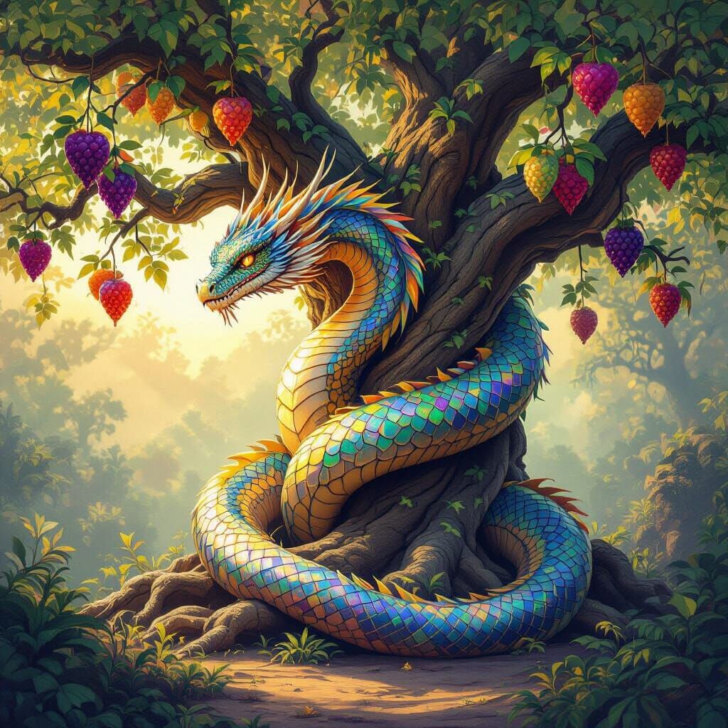 Feathered Serpent Dragon Around Ancient Tree in Fantasy Fore...