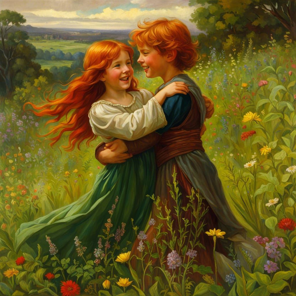 Children Frolicking in Wildflower Meadow, Pre-Raphaelite Sty...