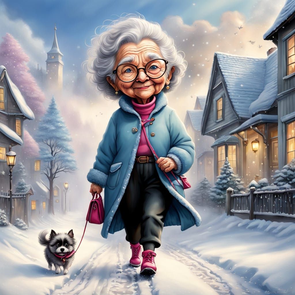 Chibi Granny Walks Her Dog in Winter Wonderland