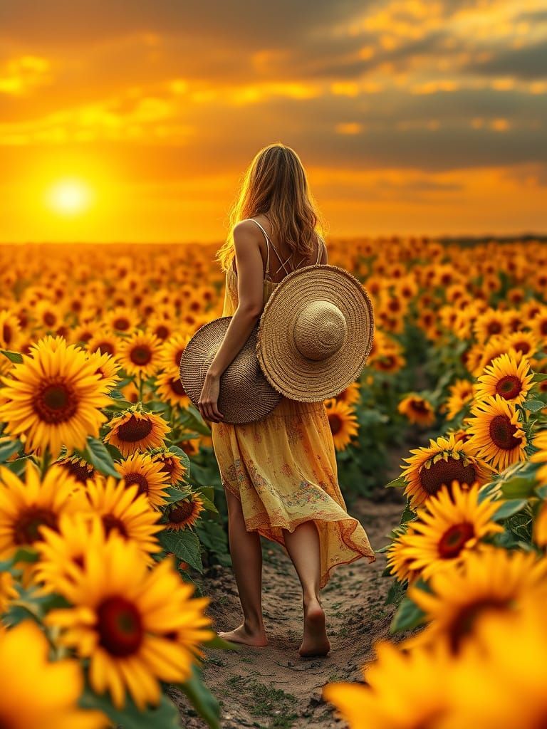 Woman in Sunflower Field: Hyperrealistic Cinematic Still