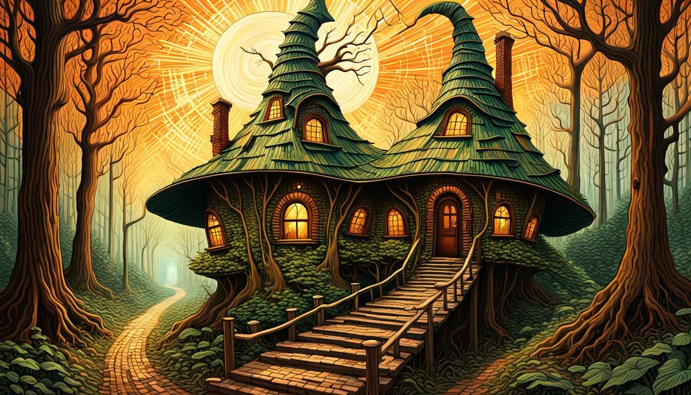 Fantasy Forest Witch Hat House in Acrylic Painting Style