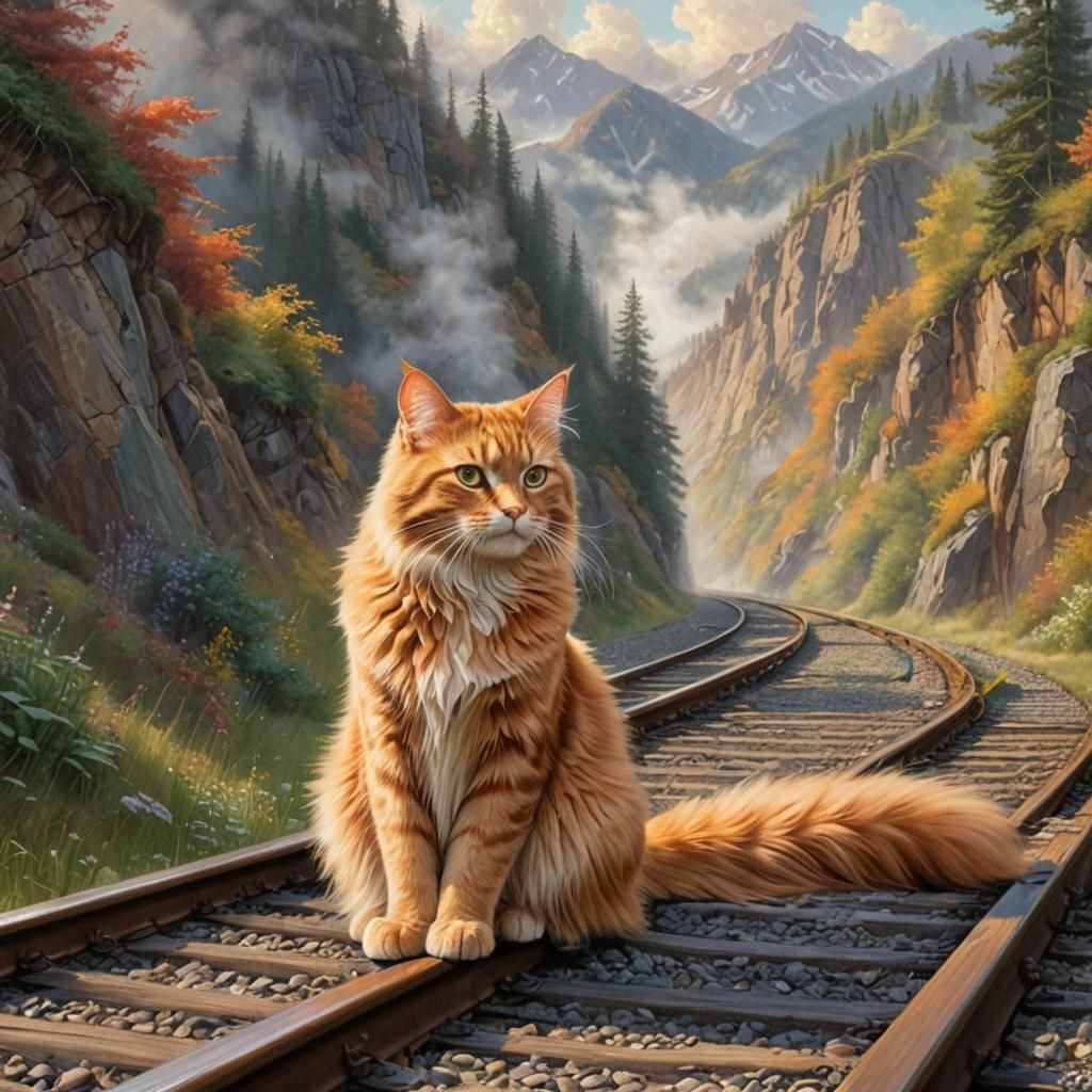Giant Orange Cat on Mountain Train Tracks