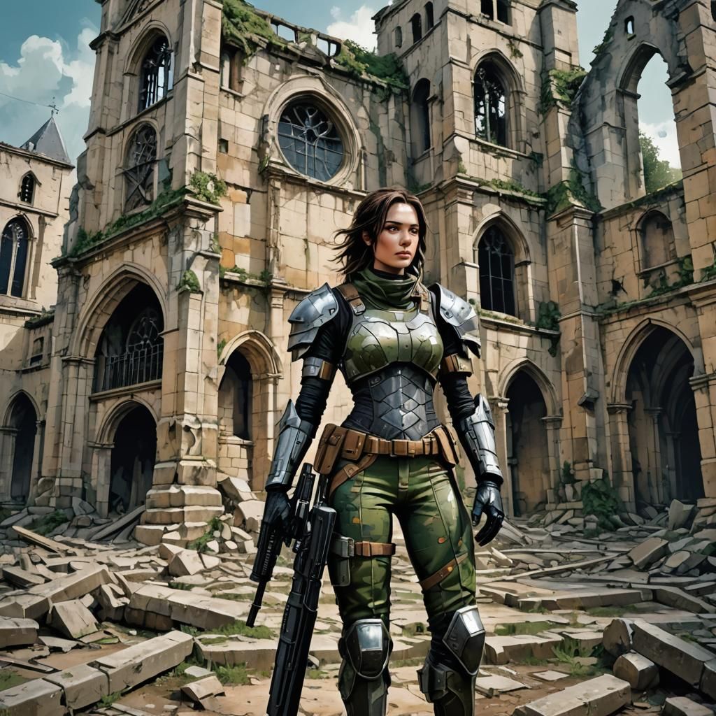Armored Woman in Ruined Church, Bande Dessinée Style