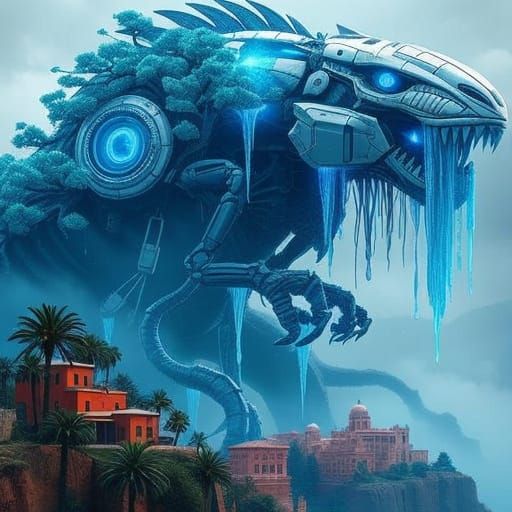 Ancient Cybernetic Beast on Mediterranean Clifftop City