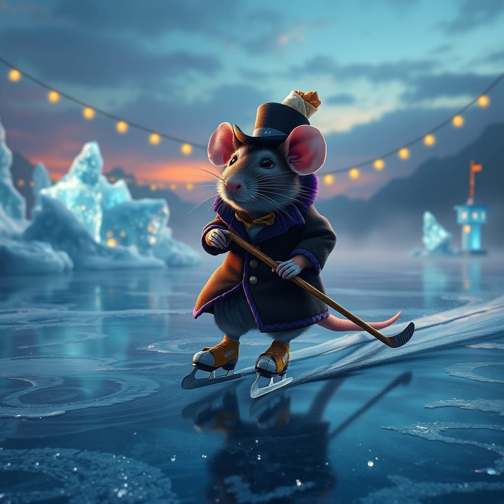 Rat Ice Skater in Elegant, Burrito-Adorned Top Hat