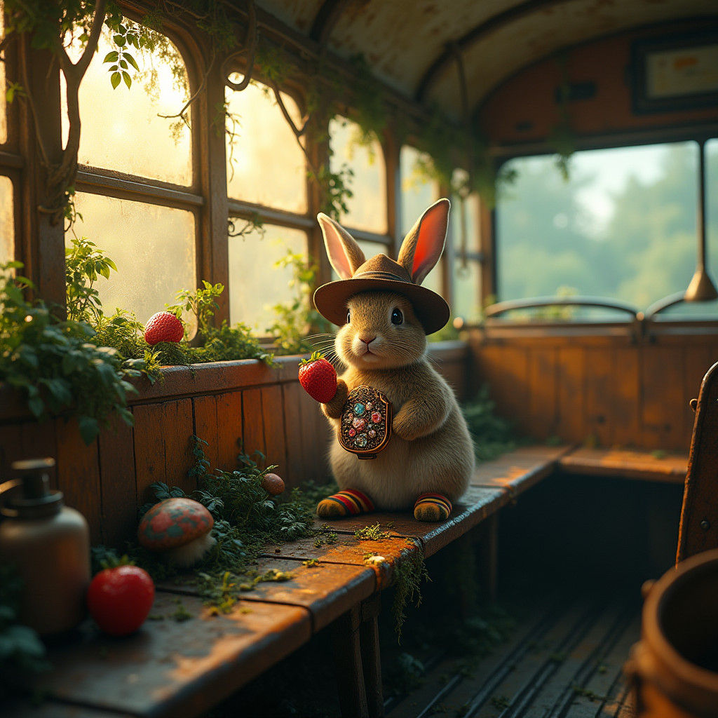 Rabbit on School Bus with Strawberry, in Dreamlike Style