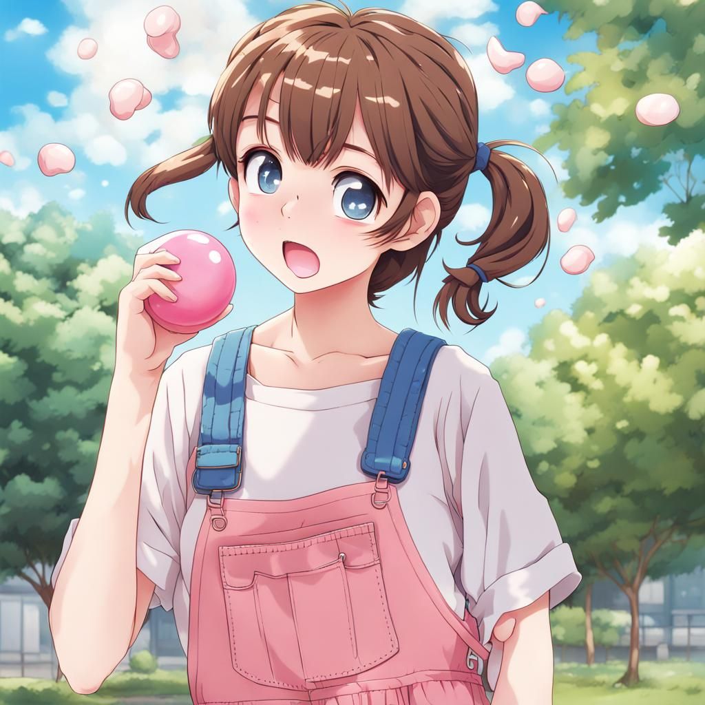 Girl Chewing Gum in Anime Key Visual Style