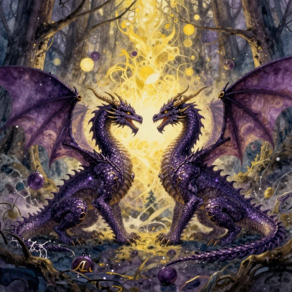 Christmas Dragons in Forest Watercolor Masterpiece