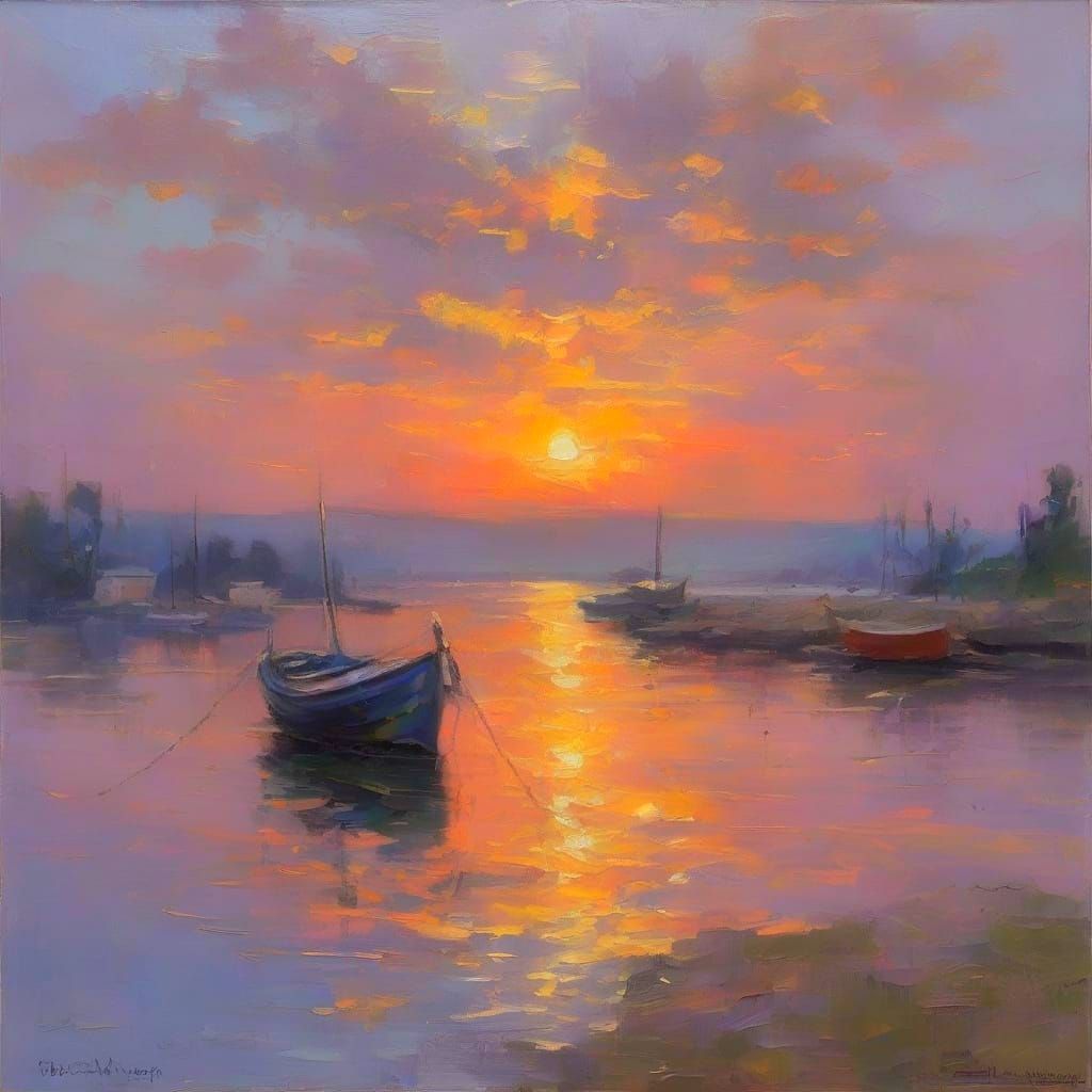 Impressionist Fishing Boat on Lavender Twilight Sea