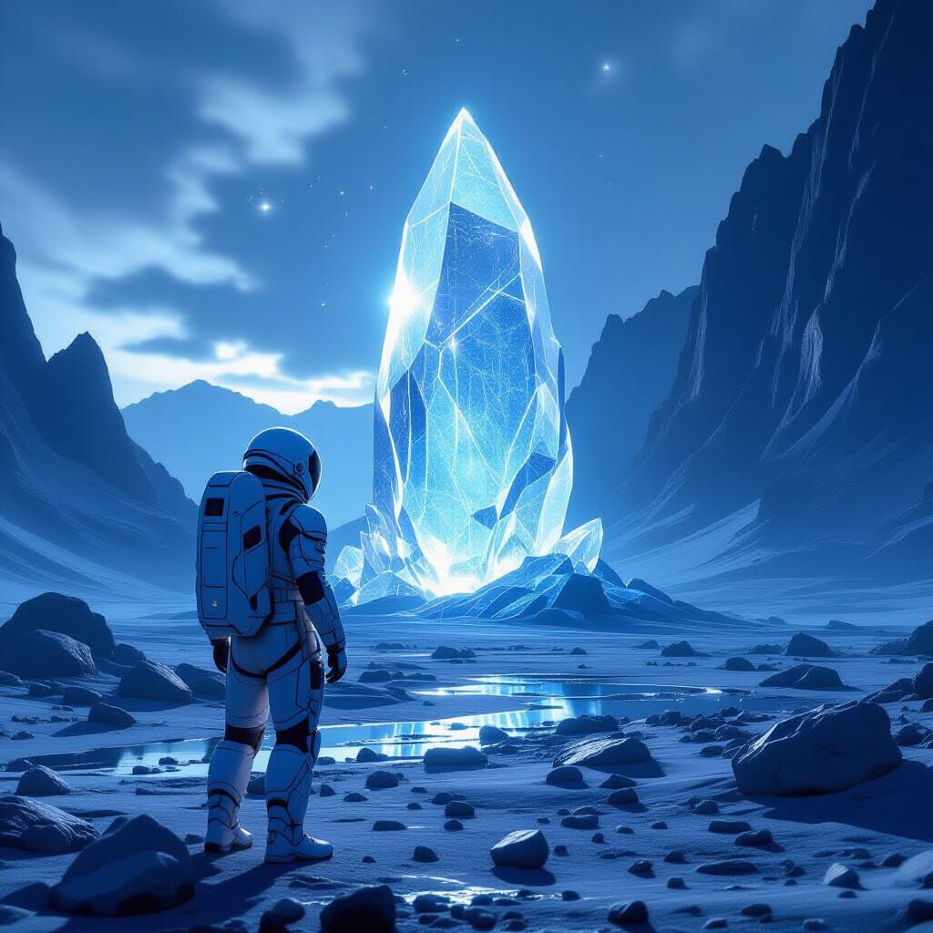 Astronaut on Alien Planet Gazing at Crystal Structure