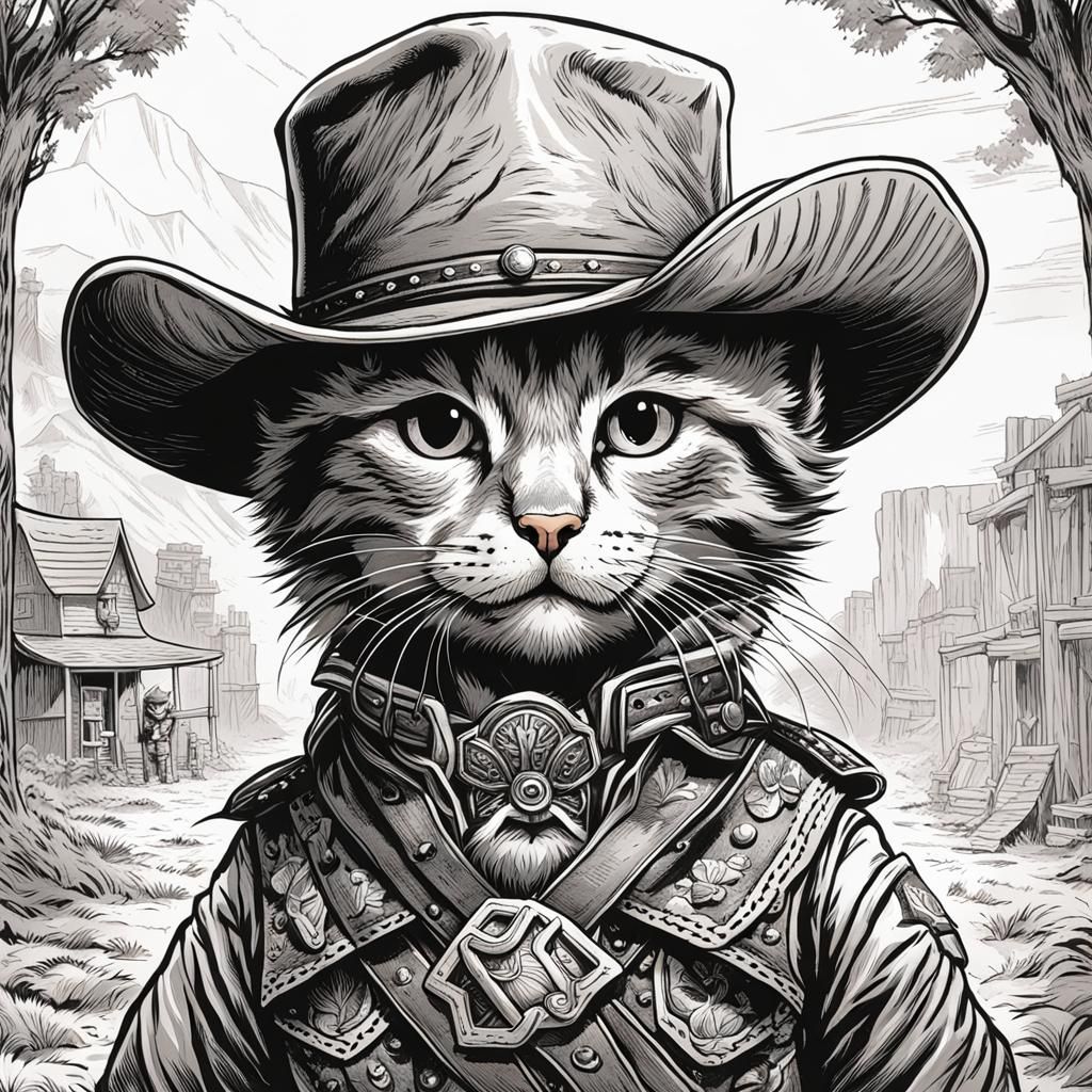 Tabby Kitten Sheriff: Tenniel-Style Black and White Drawing