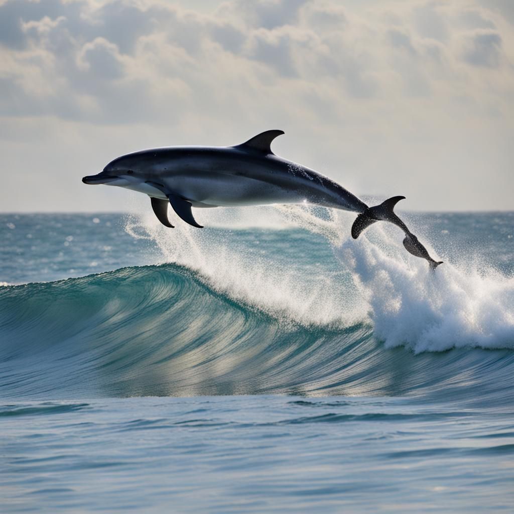 Dolphin Surfing Waves at Beach