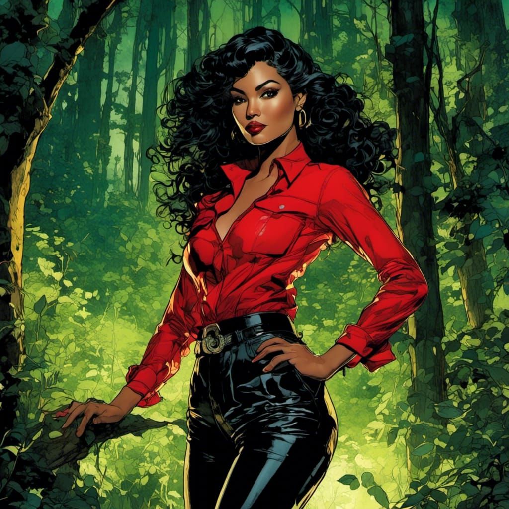 Stylized Forest Landscape with Woman in Digital Artwork