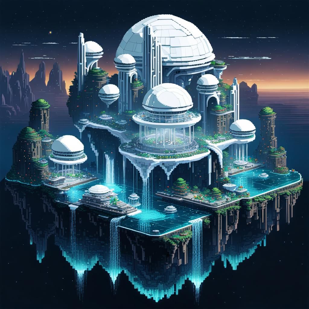 Futuristic Floating Island City in Pixel Art