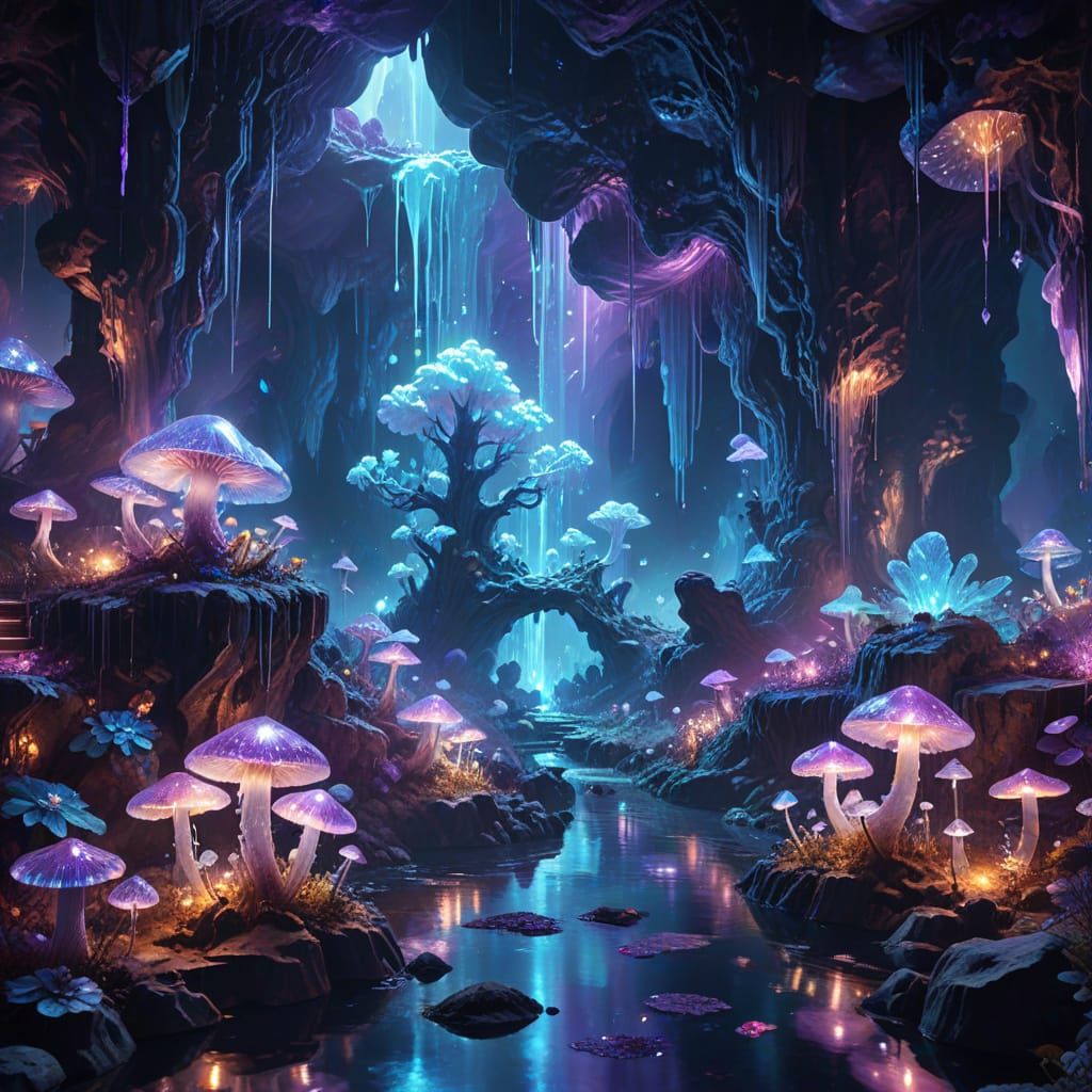 Bioluminescent Crystal Cave: Holographic Cosmic Labyrinth