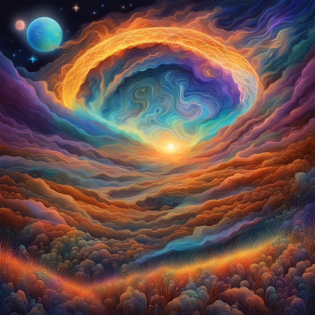 Cosmic Dreams Over Burned Fields, Mixed Media Illustration