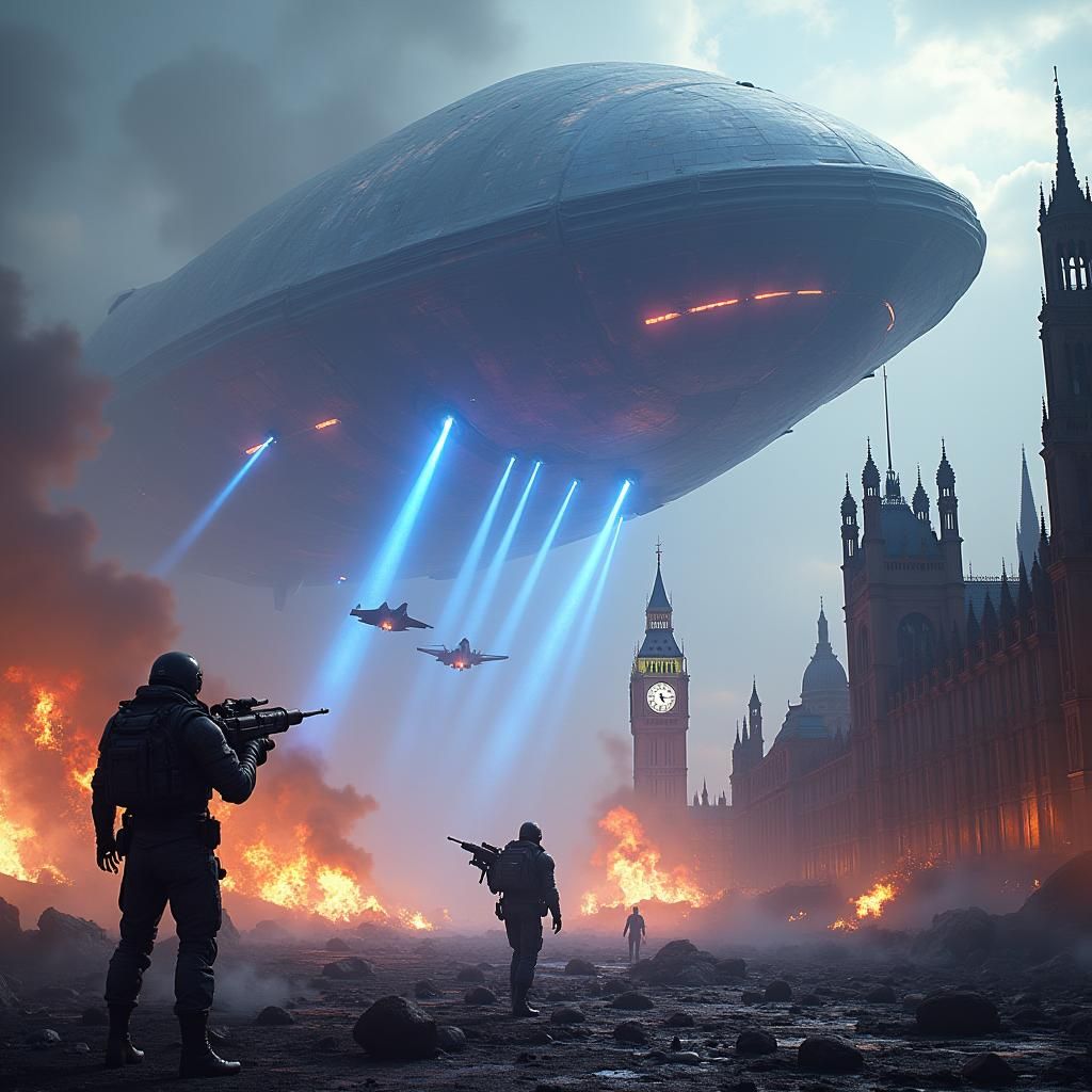 Alien Spaceship Over War-Torn London: Cinematic Sci-Fi