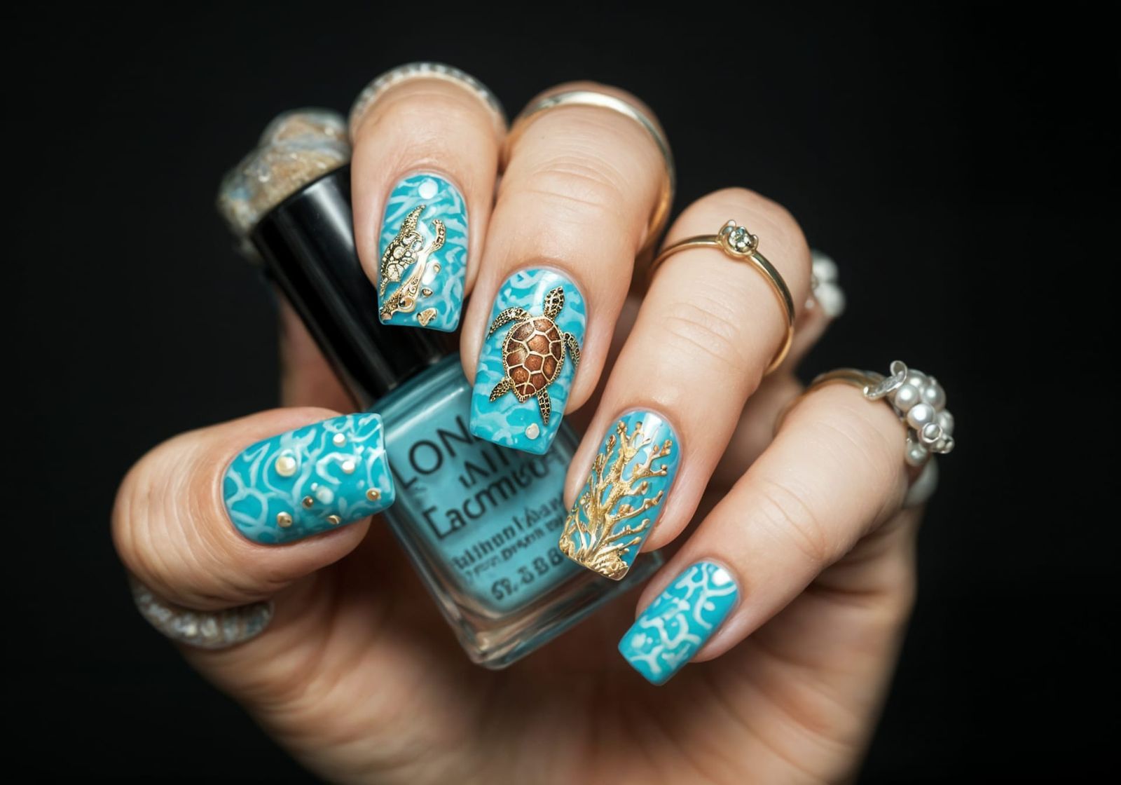Elegant Oceanic Nail Art Featuring a Majestic Sea Turtle