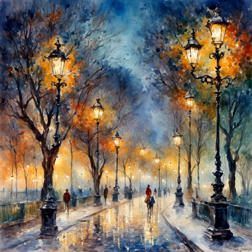 Promenade in the park at night street lamps