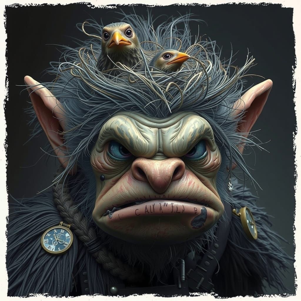 Grumpy Troll Mugshot with Bird Nest, Hyper-Realism
