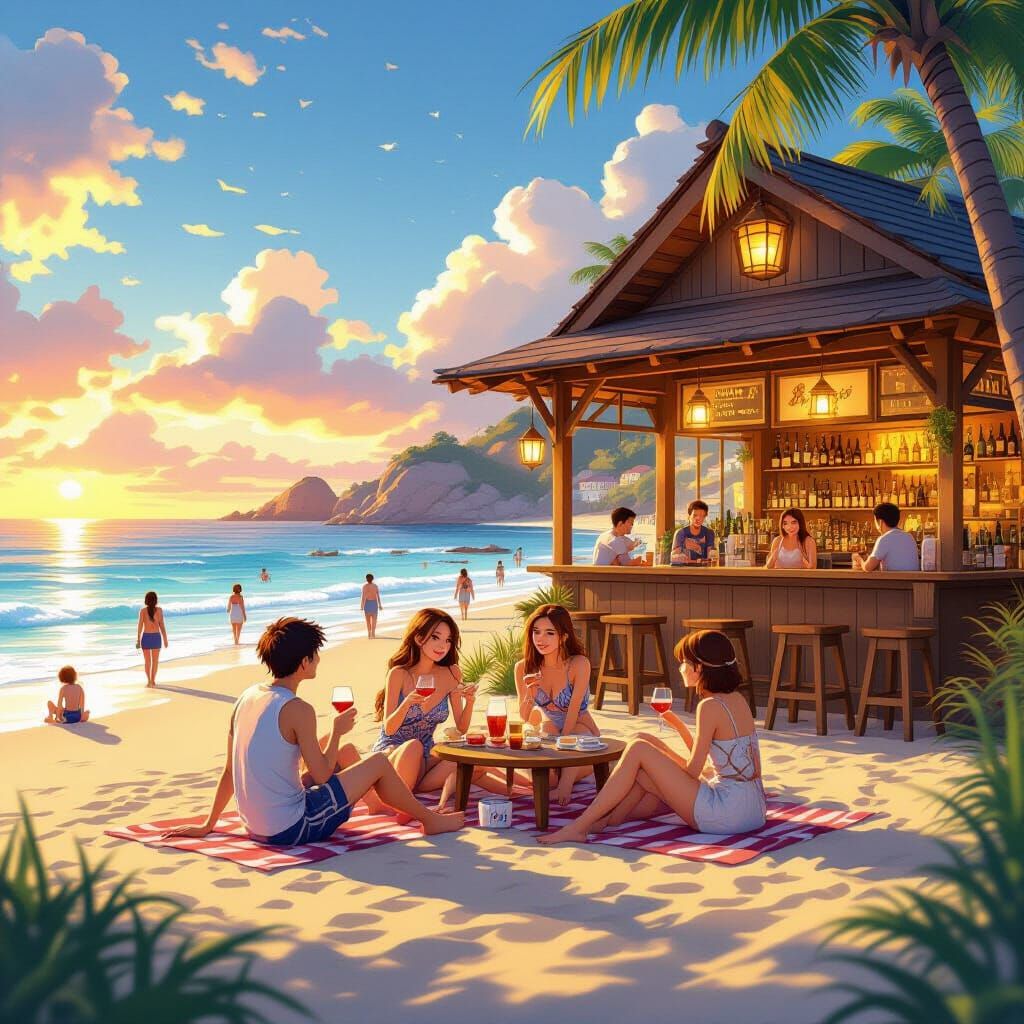 Golden Hour Beach Relaxation With Anime Cafe