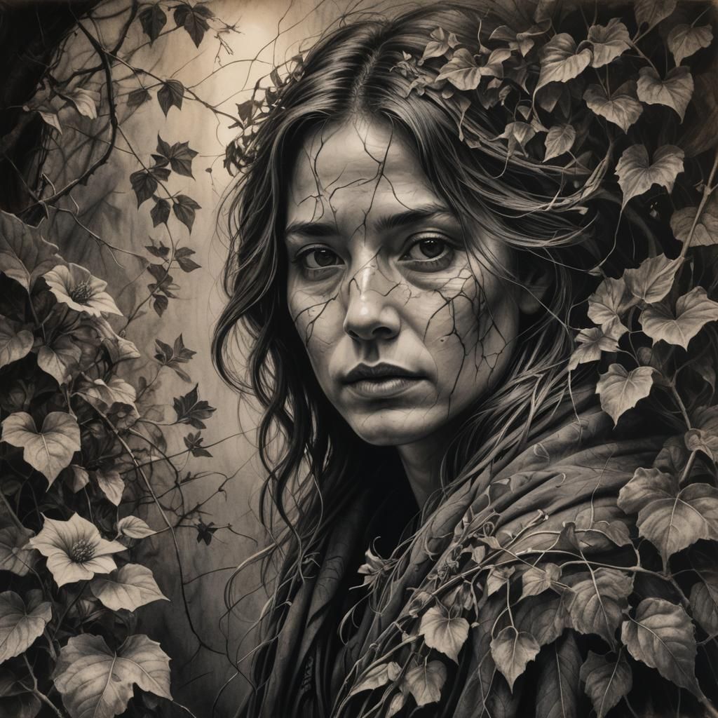 Surreal Woman Sheds Cloak Revealing Garden: Charcoal Art