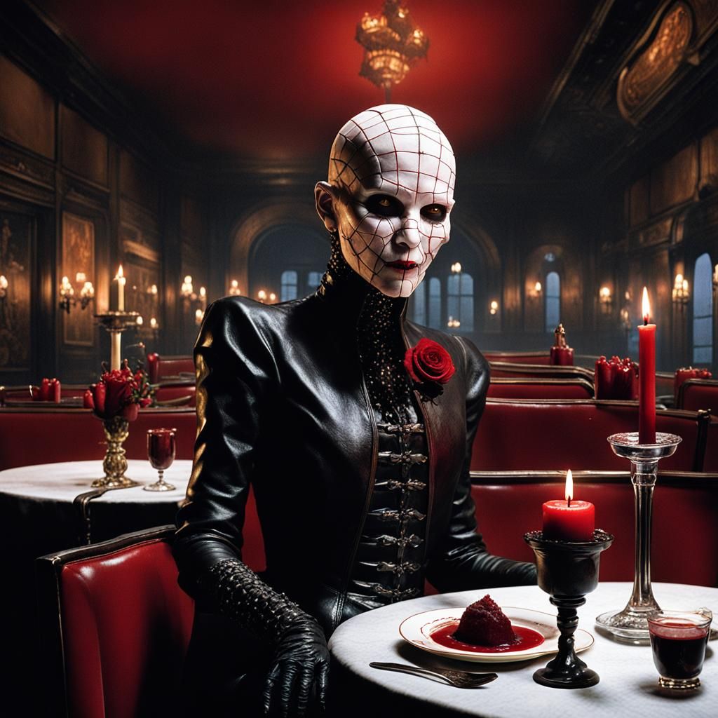 Female Pinhead Dining in French Café: Digital Painting