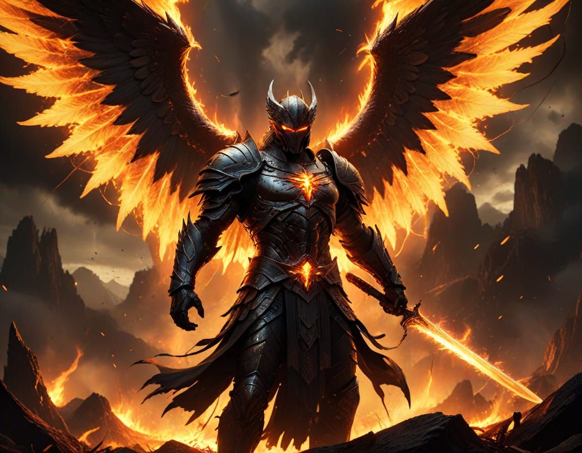 Archangel Battles Demons in Hellish Gothic Landscape