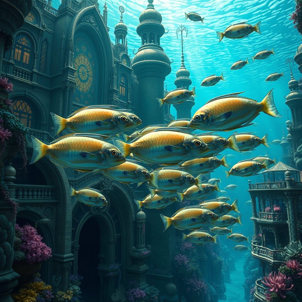 Enchanted Atlantean Metropolis with Radiant Pisces Fish