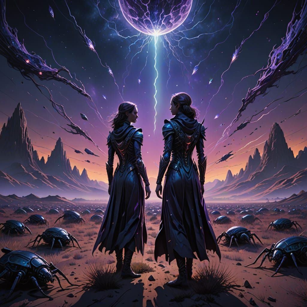 Woman Bathed in Cosmic Energy on Desolate Plain with Locust ...