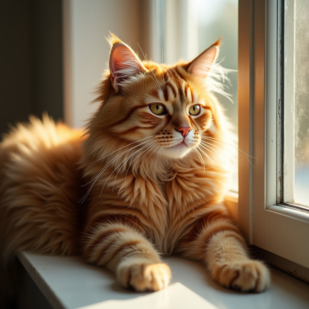Maine Coon Cat Lounging in French Window Sunlight