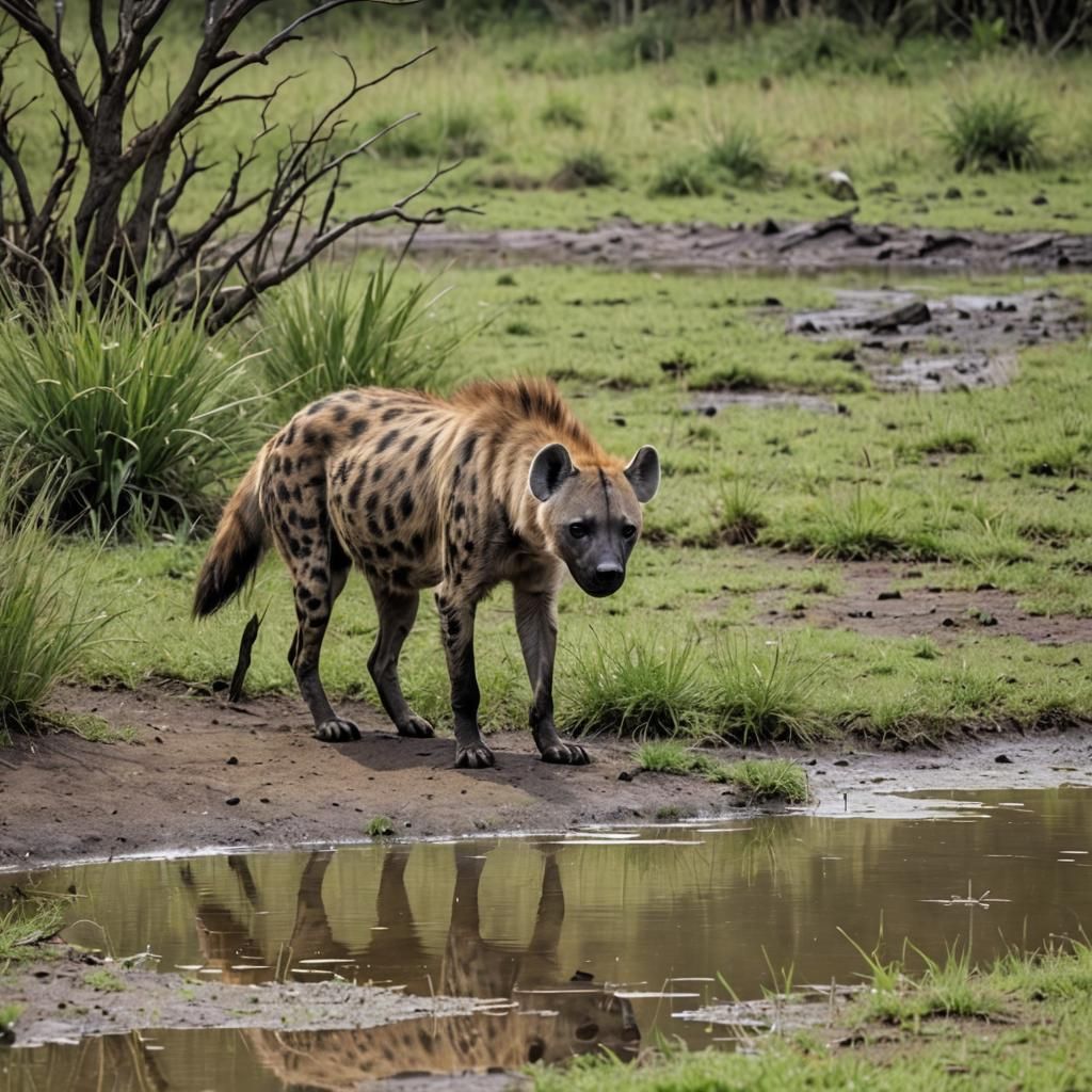 Hyena Drinks on Savanna Plains of Africa