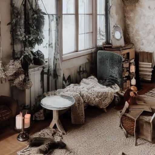 Whimsical Cat in Cozy Room: Folk Art Style