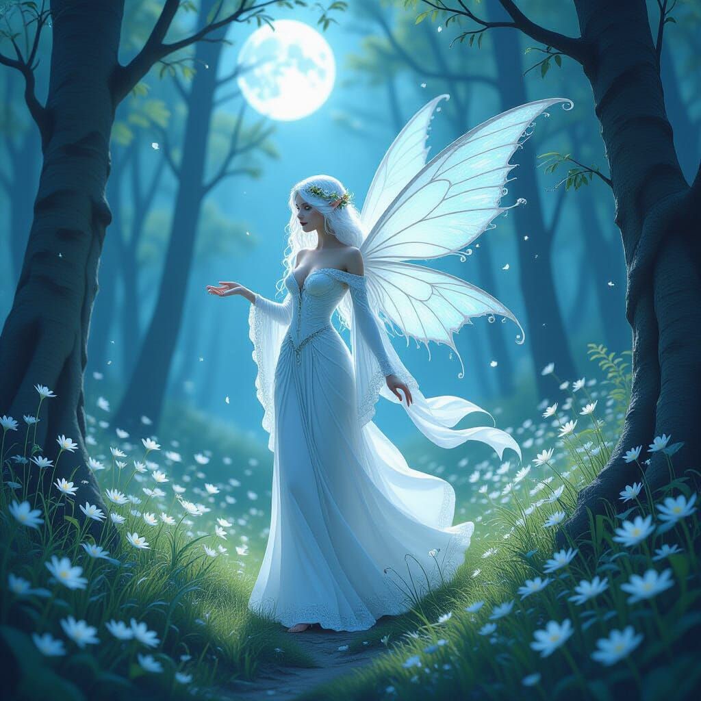 Ethereal Fairy in Moonlit Forest, Dreamy Surrealism